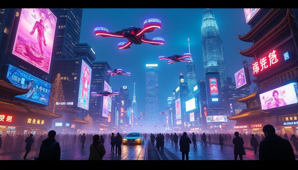 À la croisée du futur et de la technologie : ces drones publicitaires électrisent les métropoles chinoises à la manière d’un décor cyberpunk 1 découvrez comment les drones publicitaires, alliant futur et technologie, transforment les métropoles chinoises en véritables décors cyberpunk, captivant les regards par leurs spectacles électrisants.