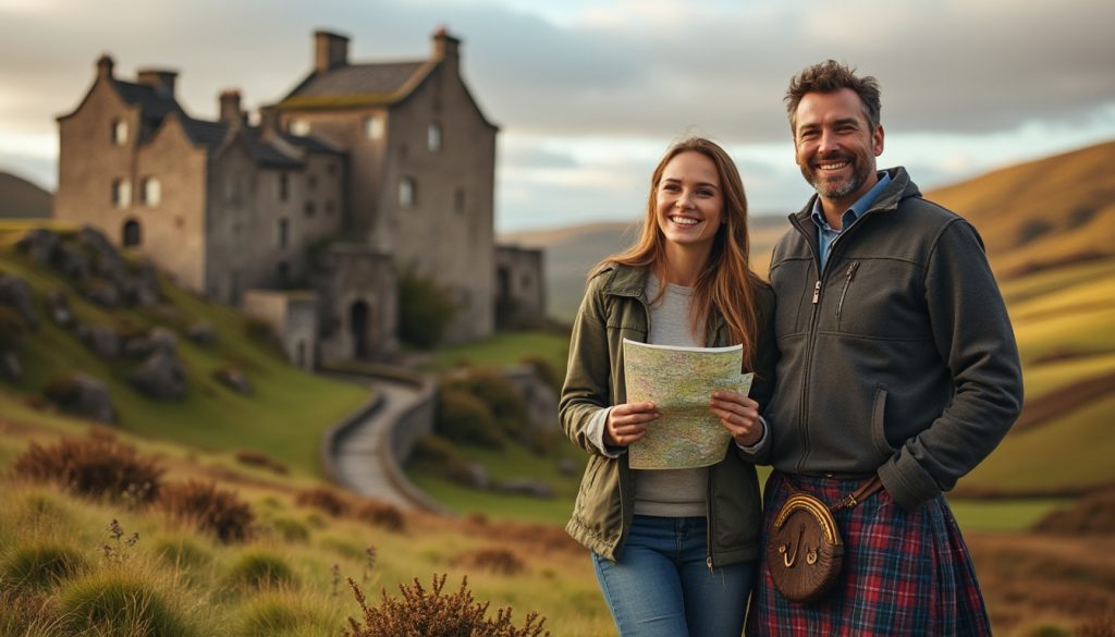 découvrez l'histoire passionnante d'une américaine déterminée à trouver un écossais au grand cœur, mêlant émotions et aventures au cœur des highlands.